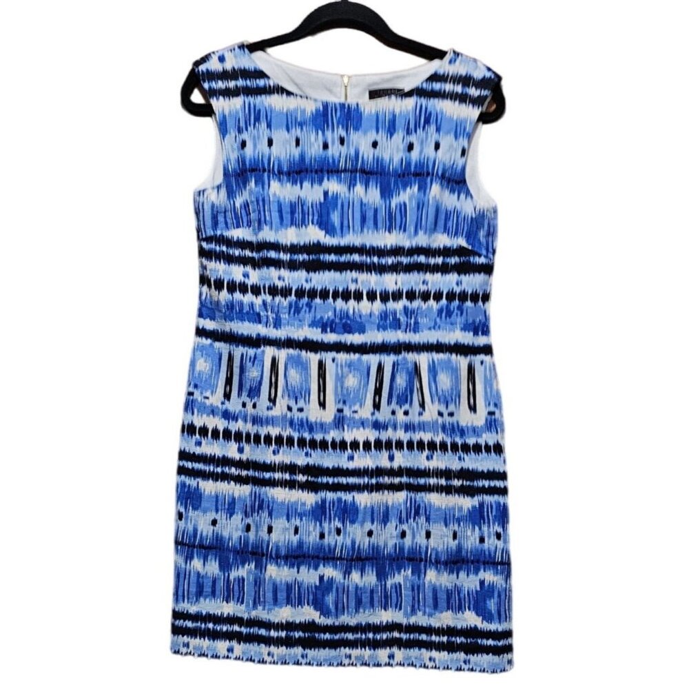 Tahari Petite Ikat Print Sheath Dress Linen Blue White size 6 Petite‎
